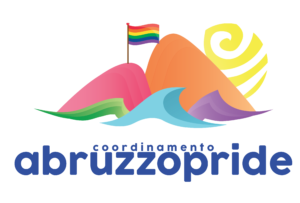 logo coordianemtno abruzzo pride - monatgne con mare alla base. bandiera arcobaleno sulla vetta. sole splendente in alto